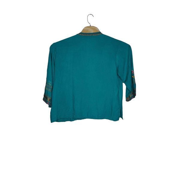 Teal Blue Embroidered Floral Long Sleeve Tunic Flowy Blouse - See Measurements - Picture 2 of 4